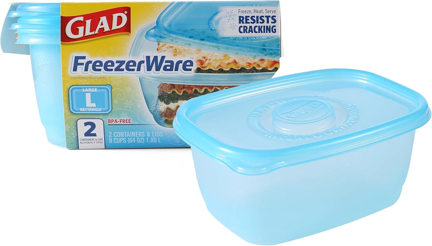 Glad GladWare FreezerWare Food Storage Containers, 64oz, 2 Count