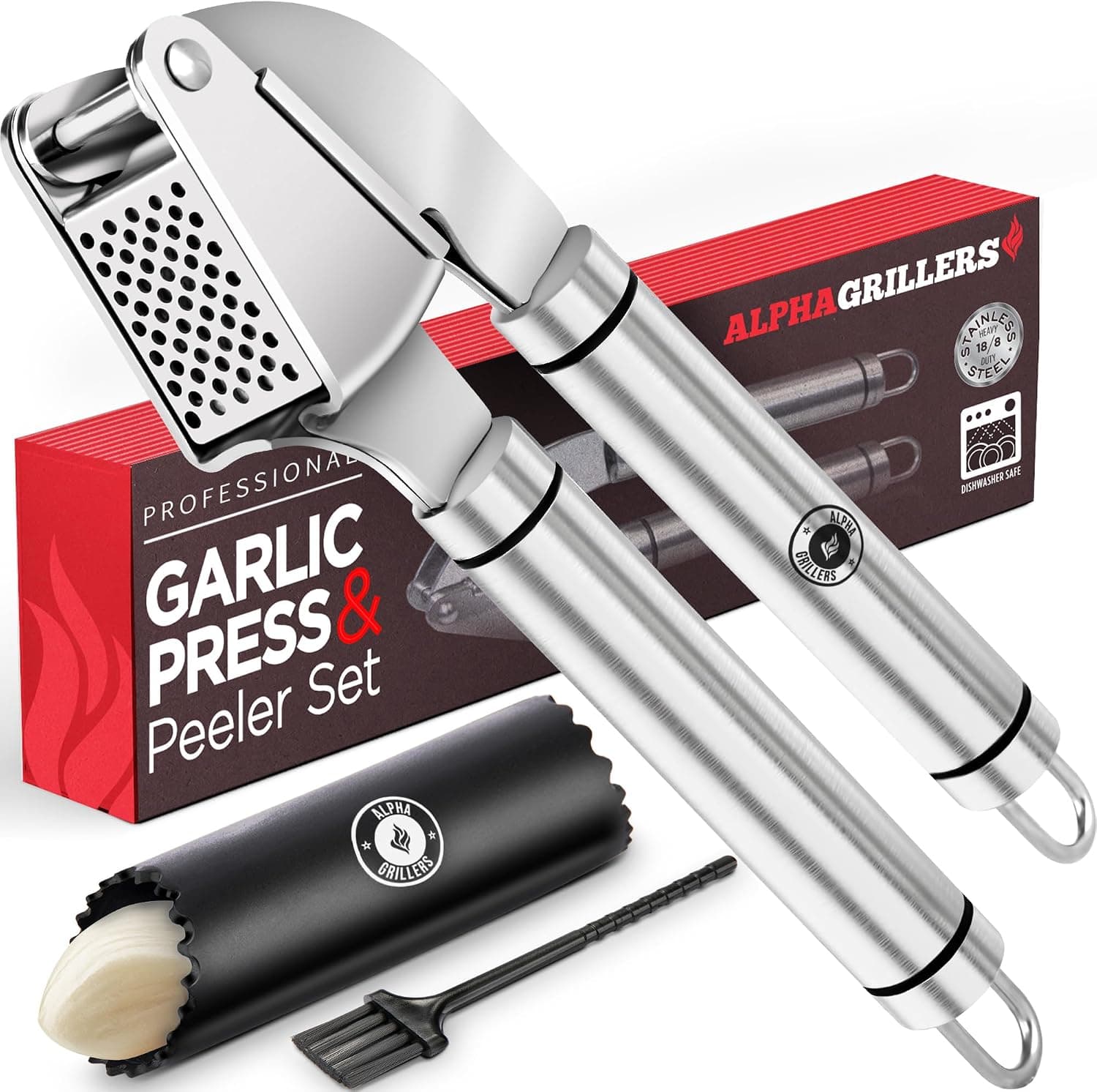 Alpha Grillers Garlic Press Stainless Steel with Silicone Peeler & Brush