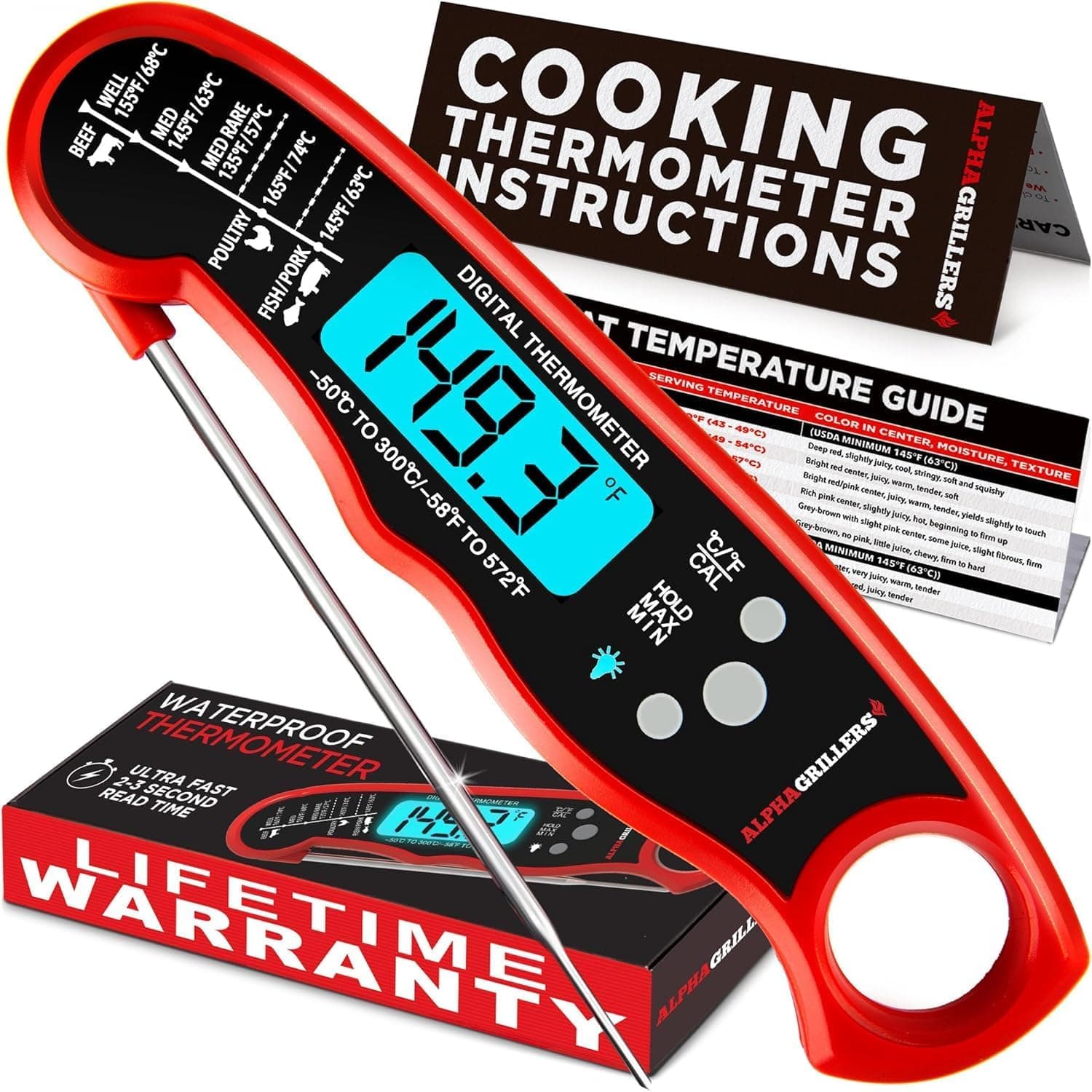 Alpha Grillers Instant Read Meat Thermometer Digital - Waterproof IP67, Backlit