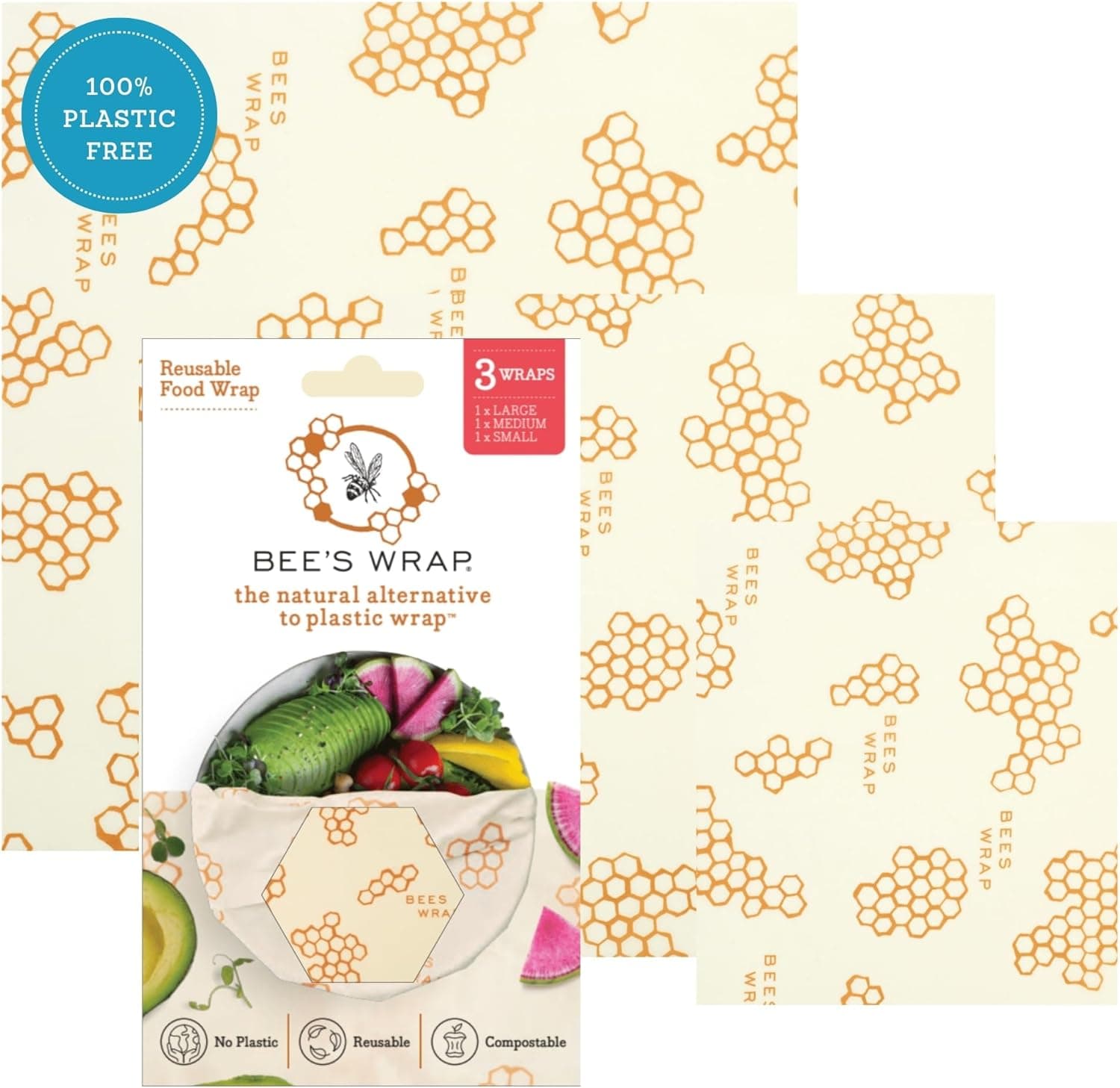 Bee's Wrap Beeswax Food Wraps, 3 Pack Assorted (Small, Medium, Large) - Honeycomb
