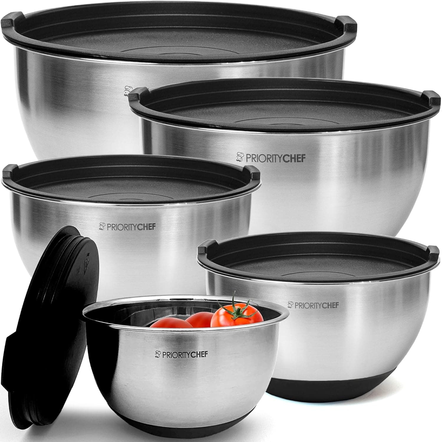 Priority Chef Premium Mixing Bowls with Lids Set, 5 Nesting Steel Bowls (Black)