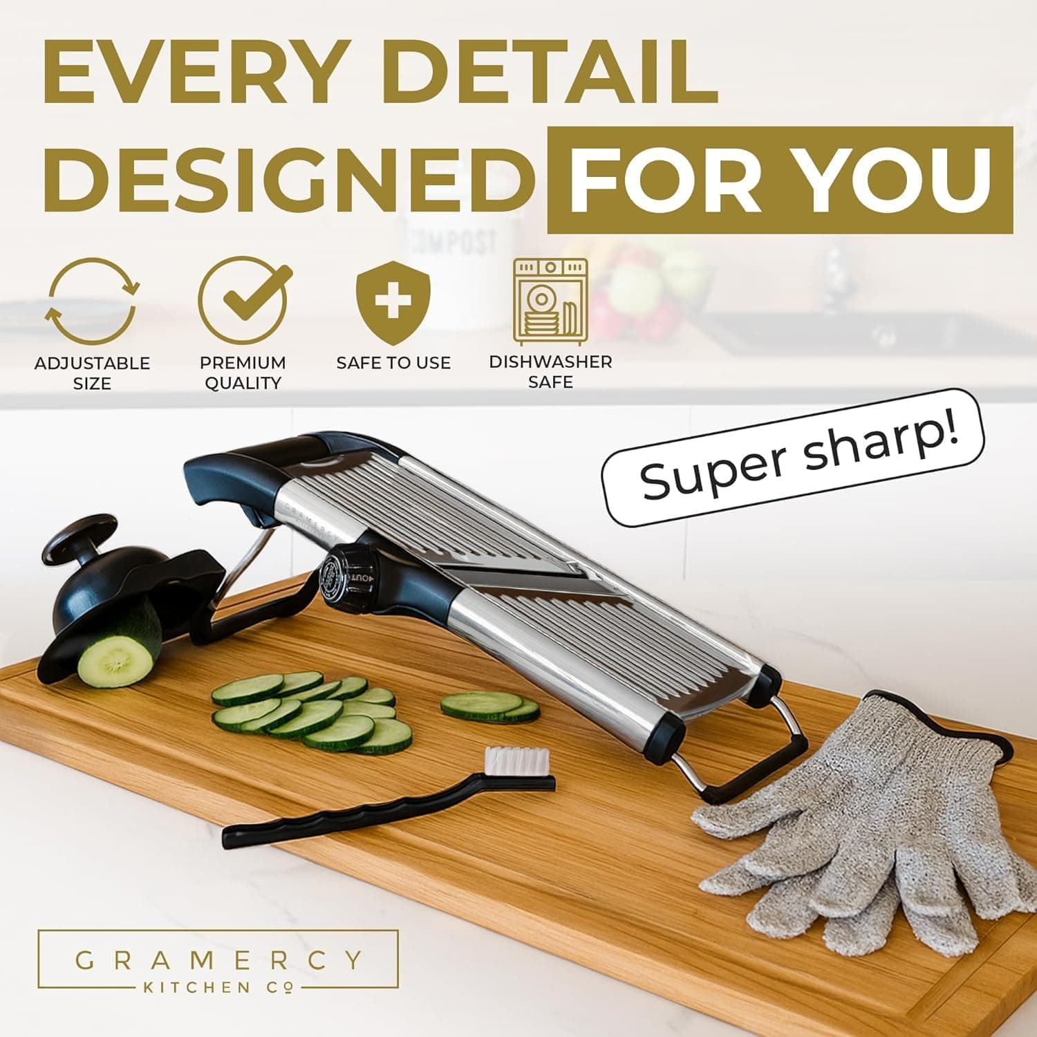Gramercy Adjustable Mandoline Food Slicer, Stainless Steel with Cut-Resistant Gloves