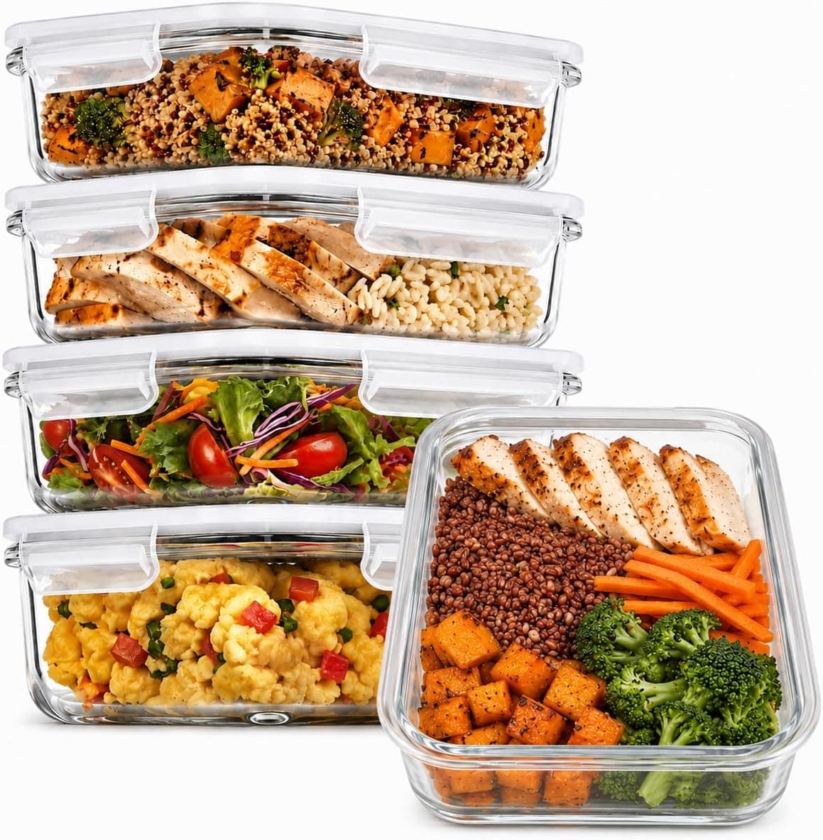 PrepNaturals 5 Pack 30 Oz Glass Meal Prep Containers, Multi-Compartment