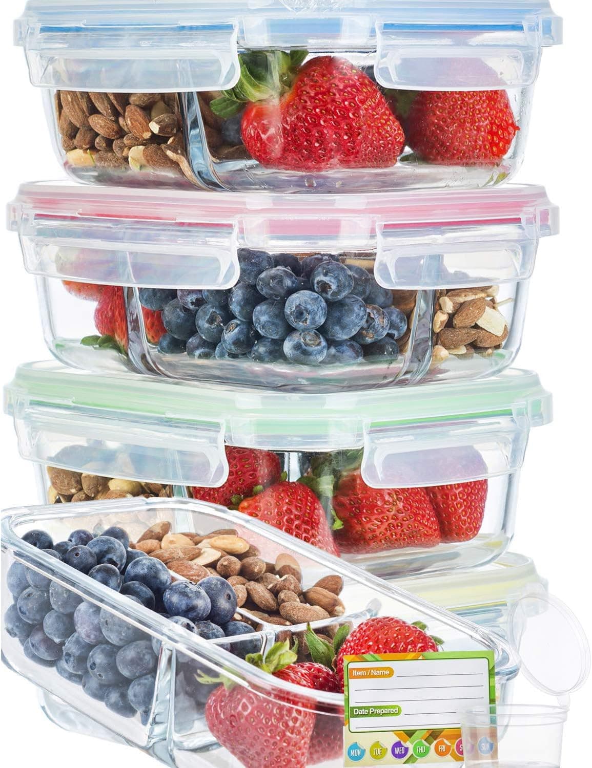 Glass Meal Prep Containers 3 Compartment, 3PC Set with No-Spill Lids