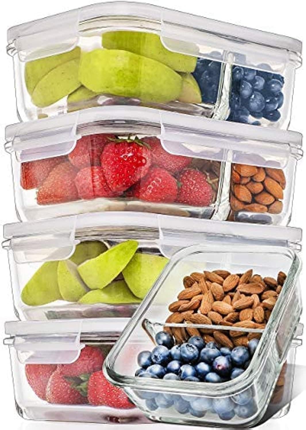 PrepNaturals 5 Pack 27 Oz Glass Meal Prep Containers, Multi-Compartment