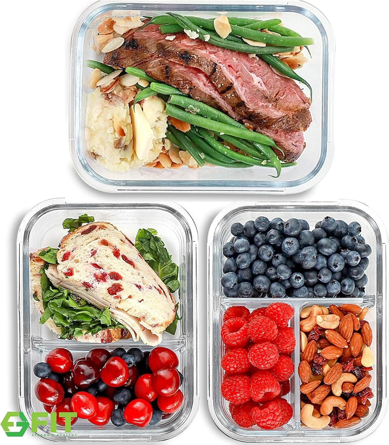 FIT Strong & Healthy Glass Meal Prep Containers 1 & 2 & 3 Compartment, 35oz, 3 Pack