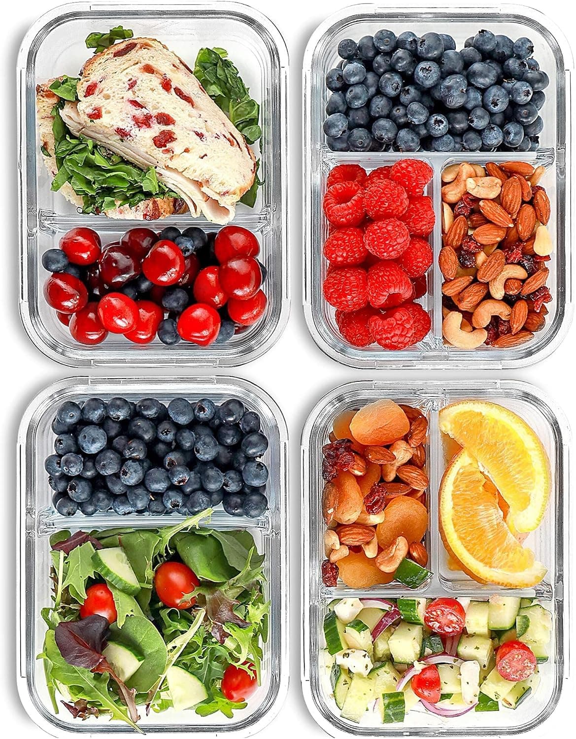 FIT Strong & Healthy Glass Meal Prep Containers 2 & 3 Compartment, 32oz, 4 Pack