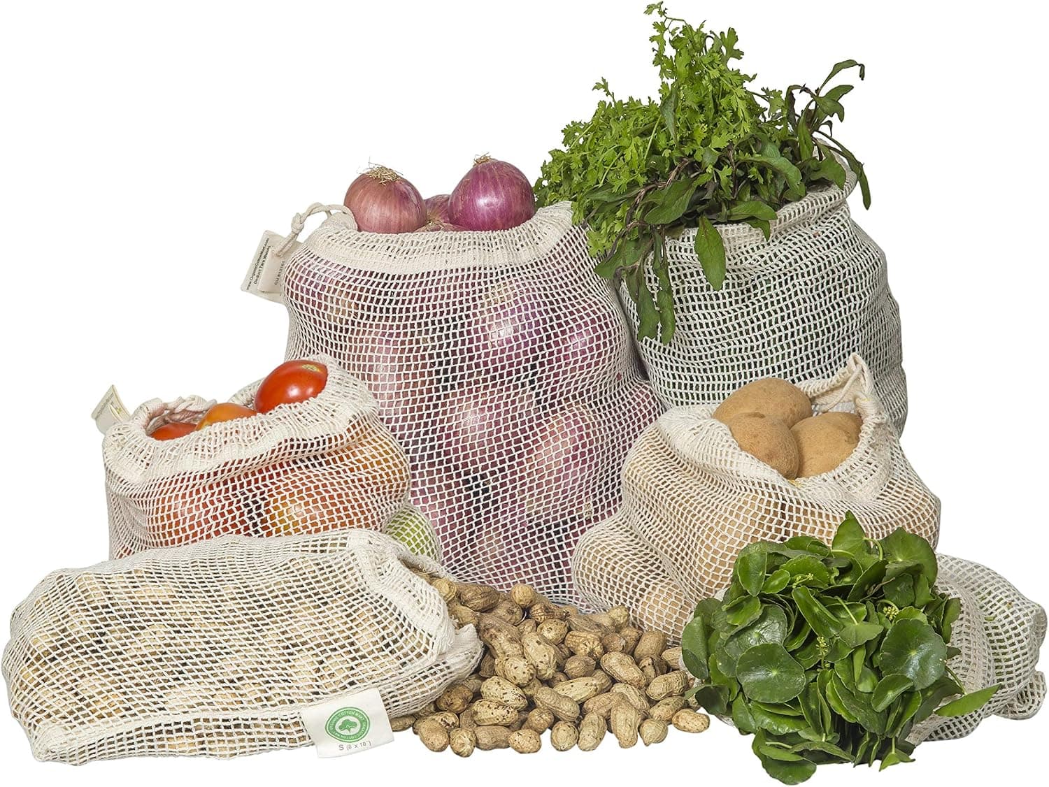 Organic Cotton Mart Reusable Cotton Mesh Produce Bags, 100% Organic, Set of 6 (2L,2M,2S)