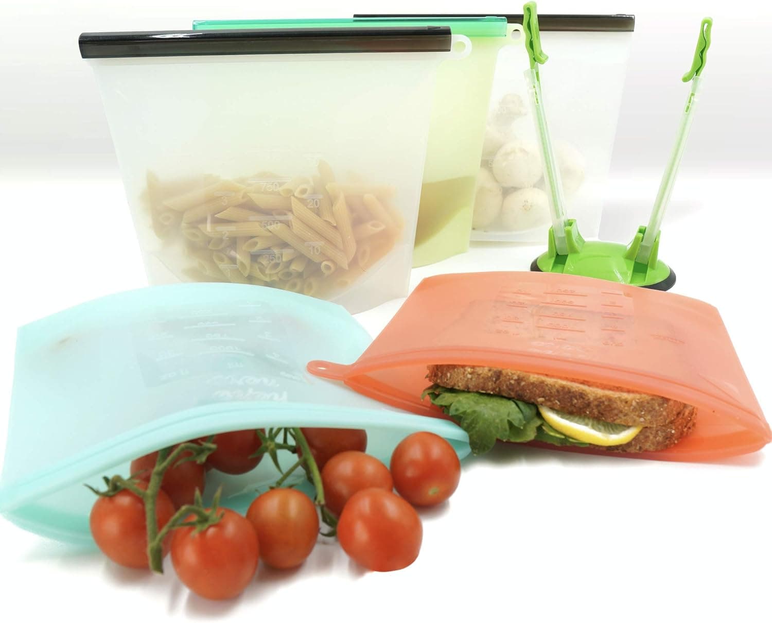 5 Reusable Silicone Food Bag & Holder - Zip Large Reusable Freezer Bags