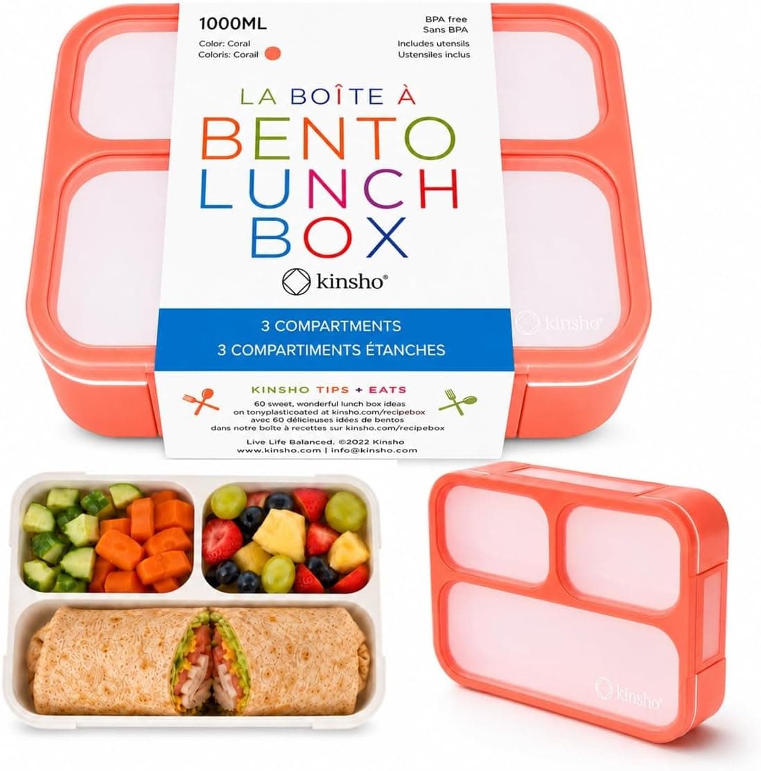 Bento Box Adult Lunch Box 3 Compartments Leakproof (Coral)