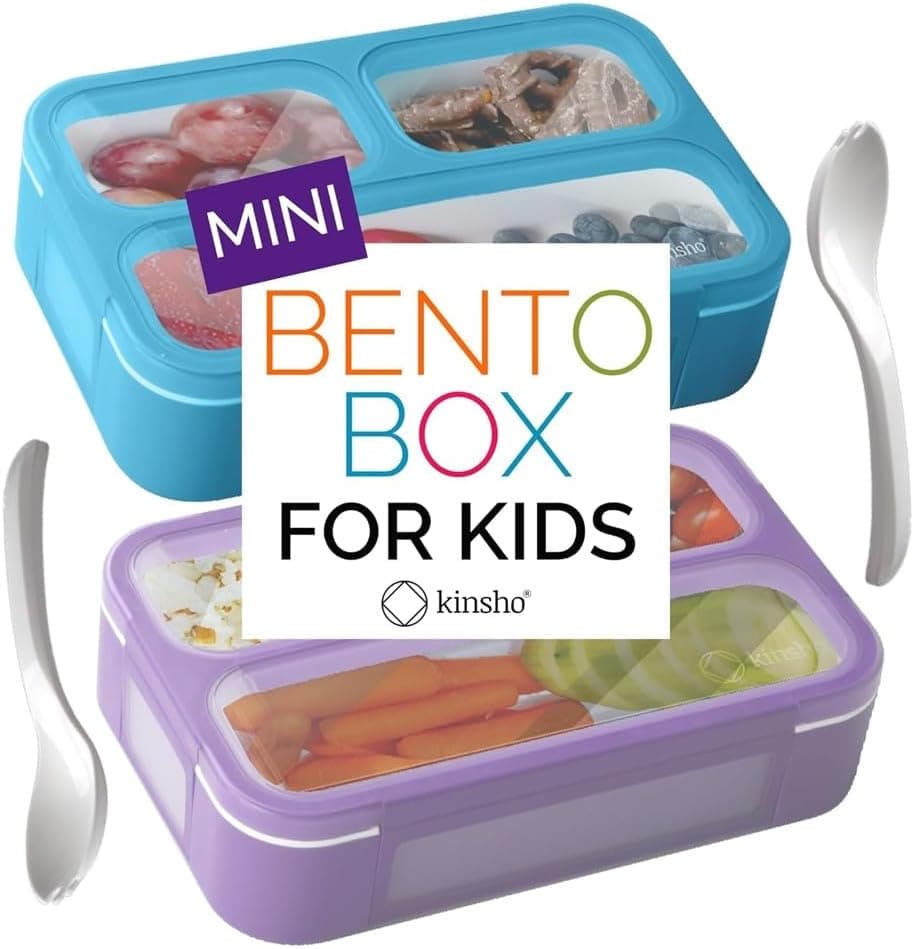 kinsho Mini Bento Snack Containers, 3 Compartments, Set of 2, Purple+Blue