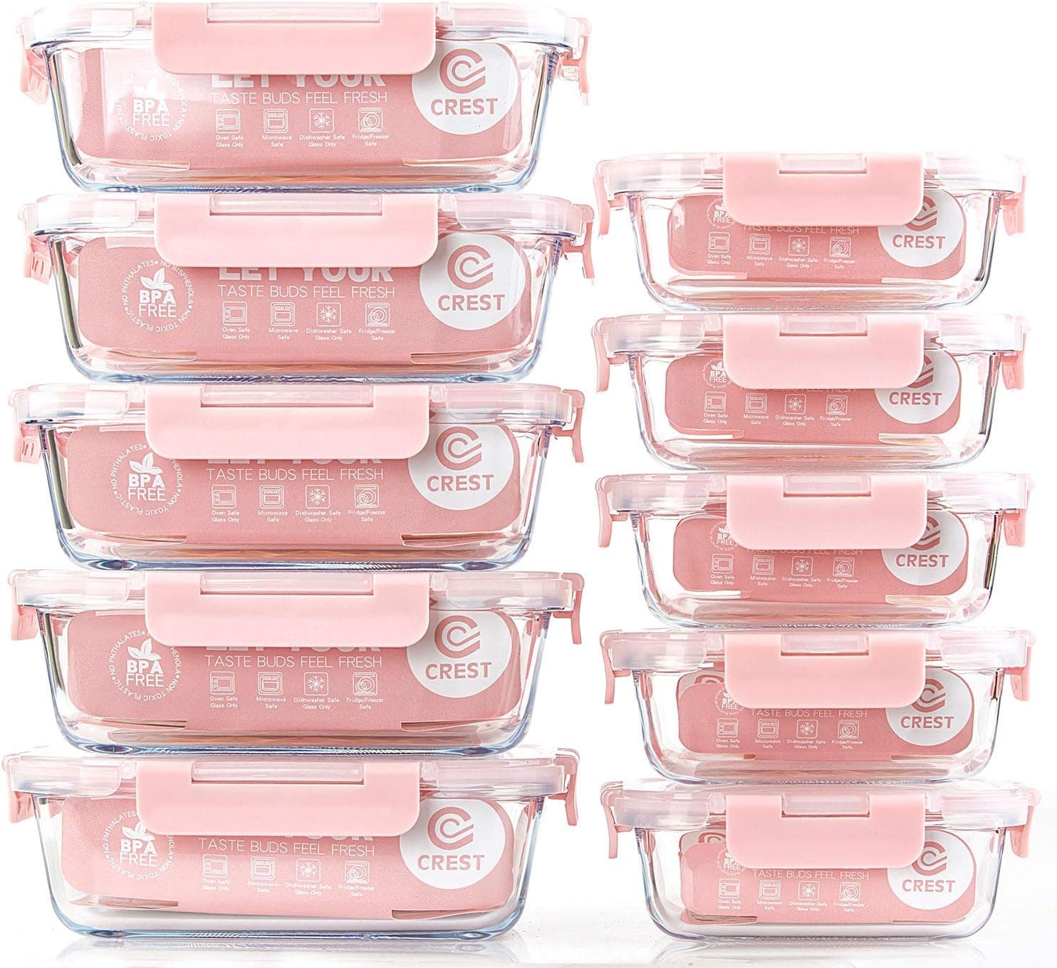 C CREST 10 Pack Glass Meal Prep Containers with Airtight Lids