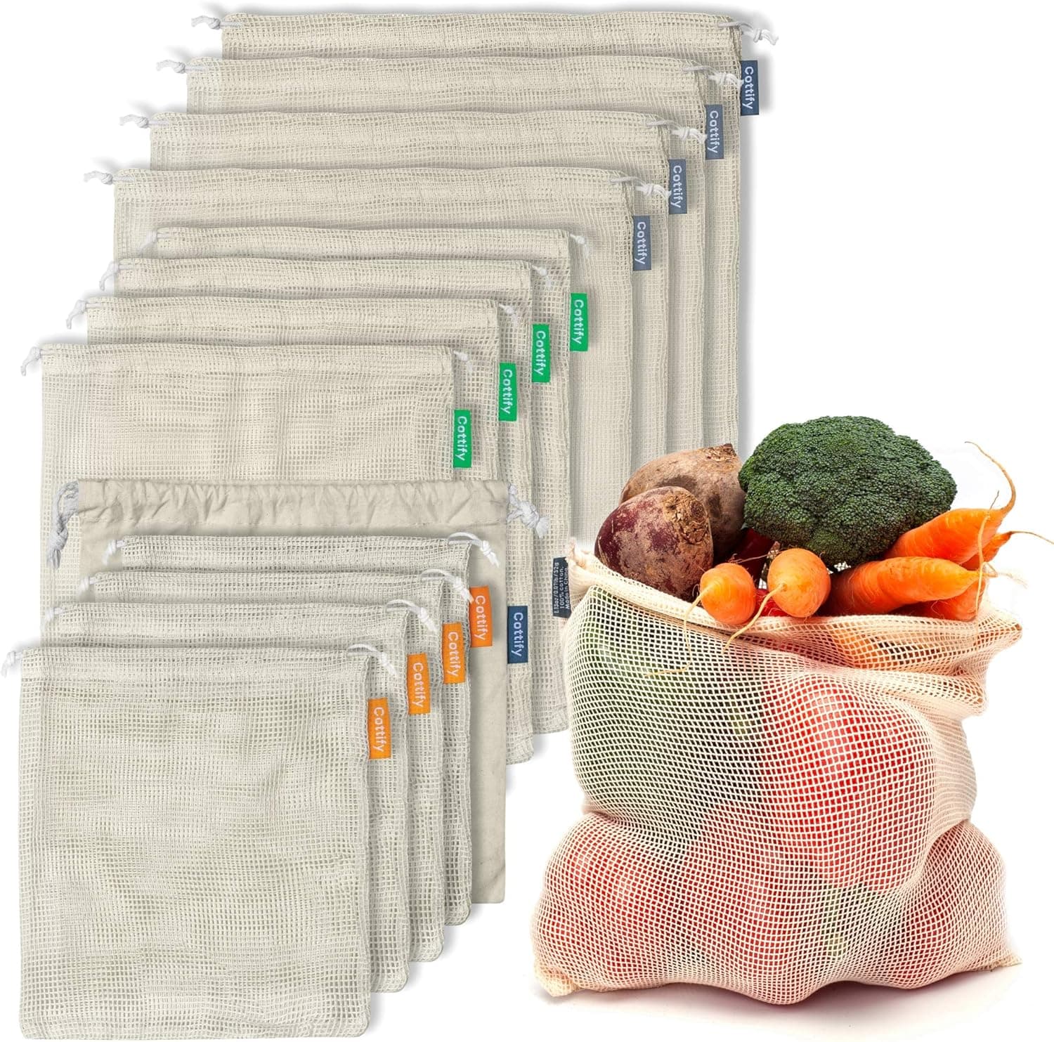 12+1 Reusable Produce Bags Grocery Washable, Organic Cotton Mesh (4xS,4xM,4xL)
