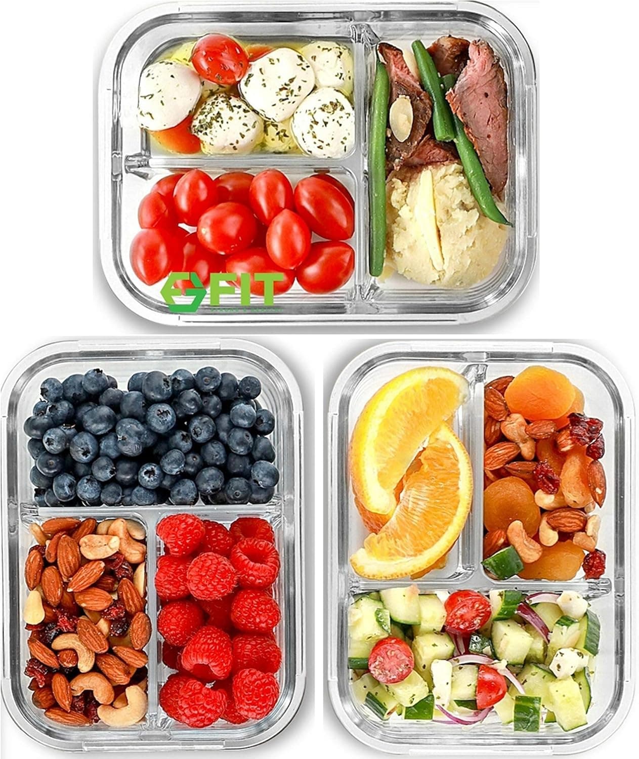 FIT Strong & Healthy Glass Meal Prep Containers 3 Compartment, 32oz, 3 Pack
