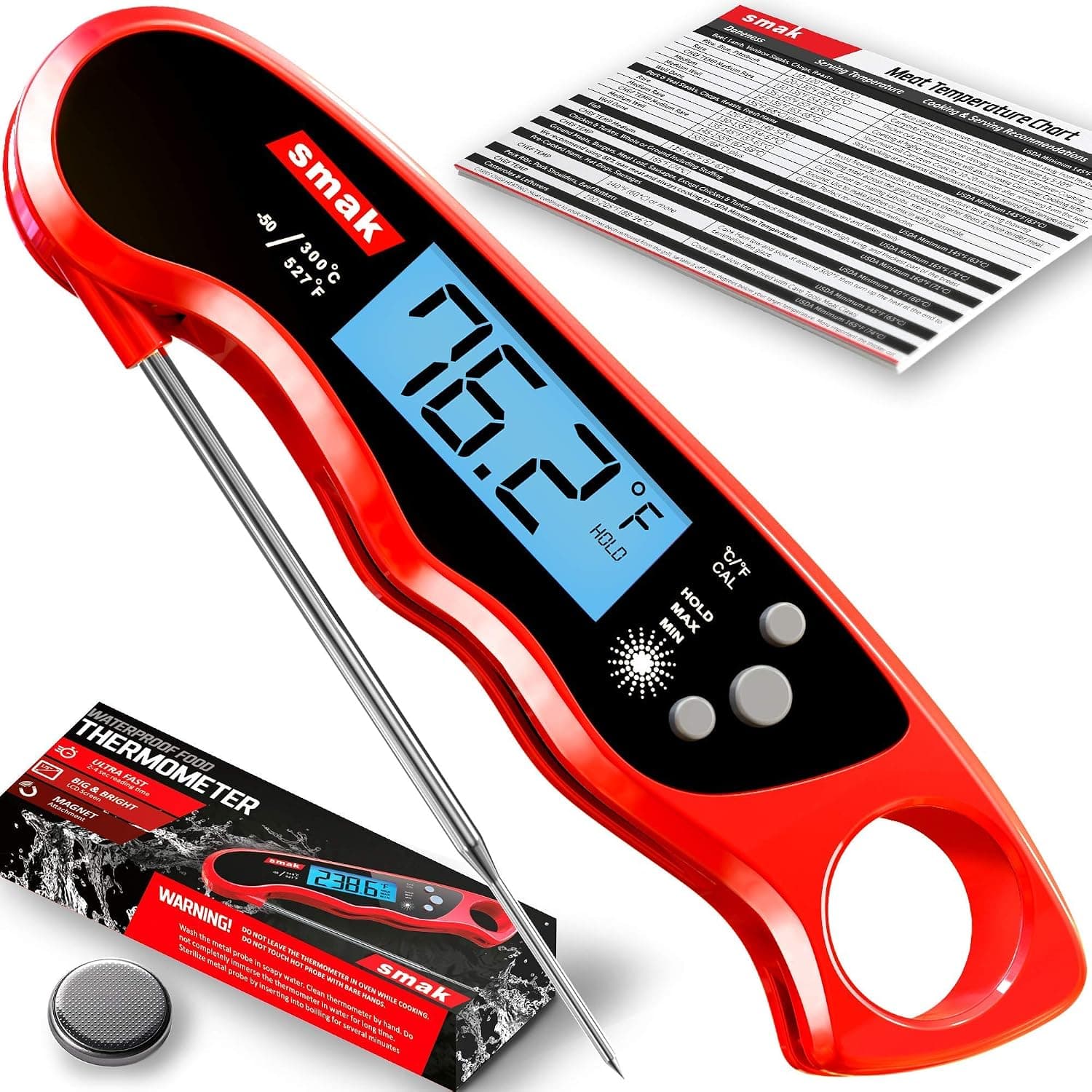 Smak Digital Instant Read Meat Thermometer - Waterproof with Backlight LCD