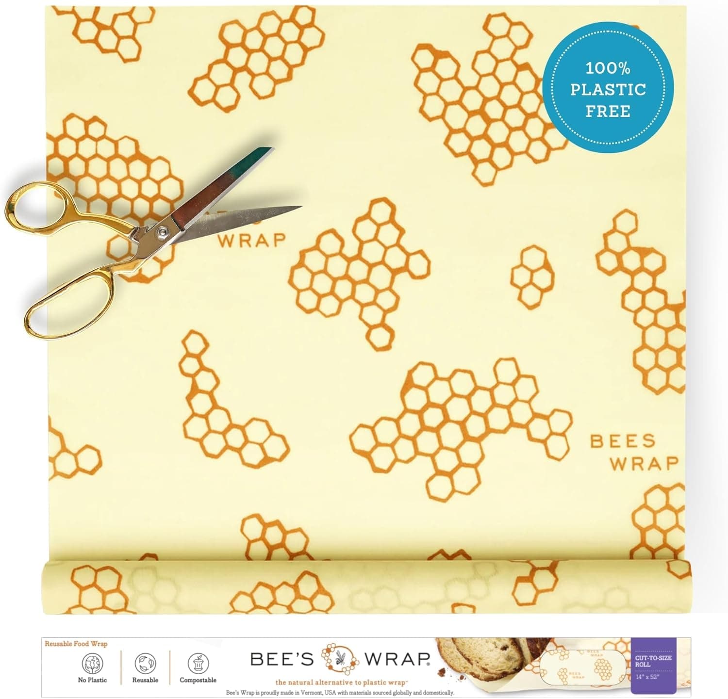 Bee's Wrap Beeswax Wraps for Food - Cut to Size 14x52" Roll - Honeycomb