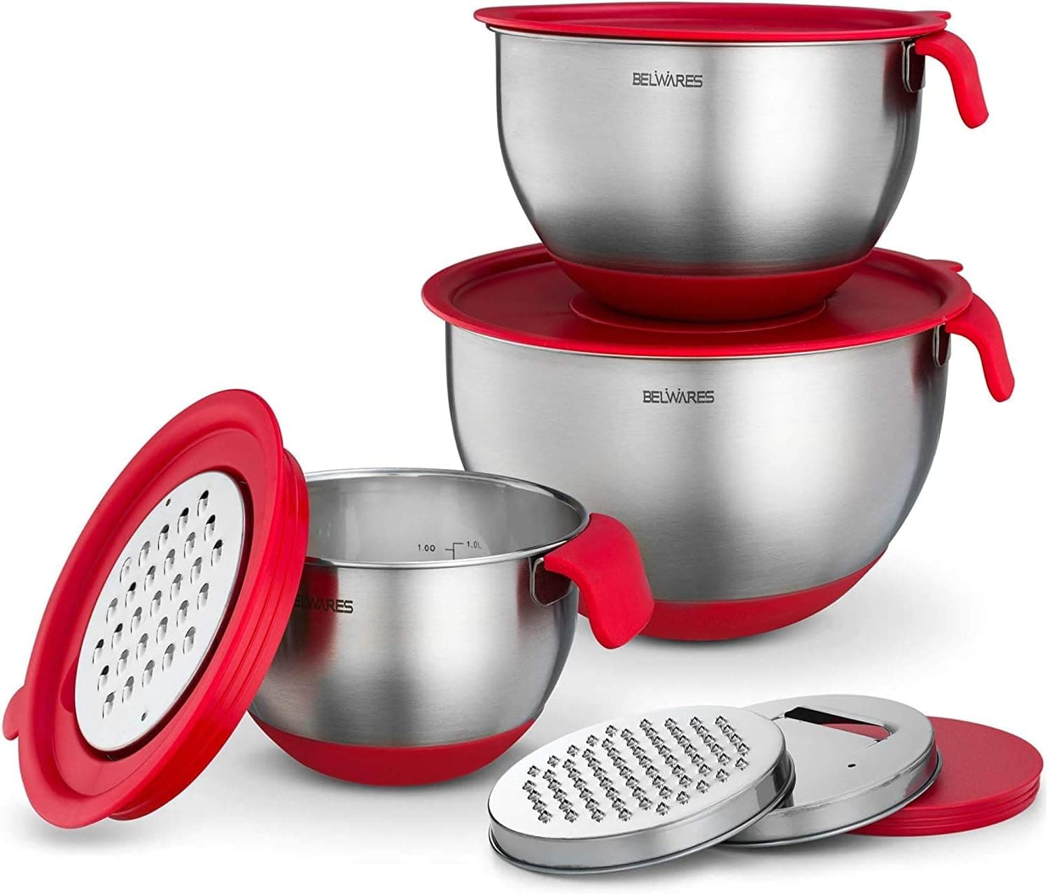Belwares Mixing Bowls with Lids Set, Stainless Steel with Graters, Set of 3