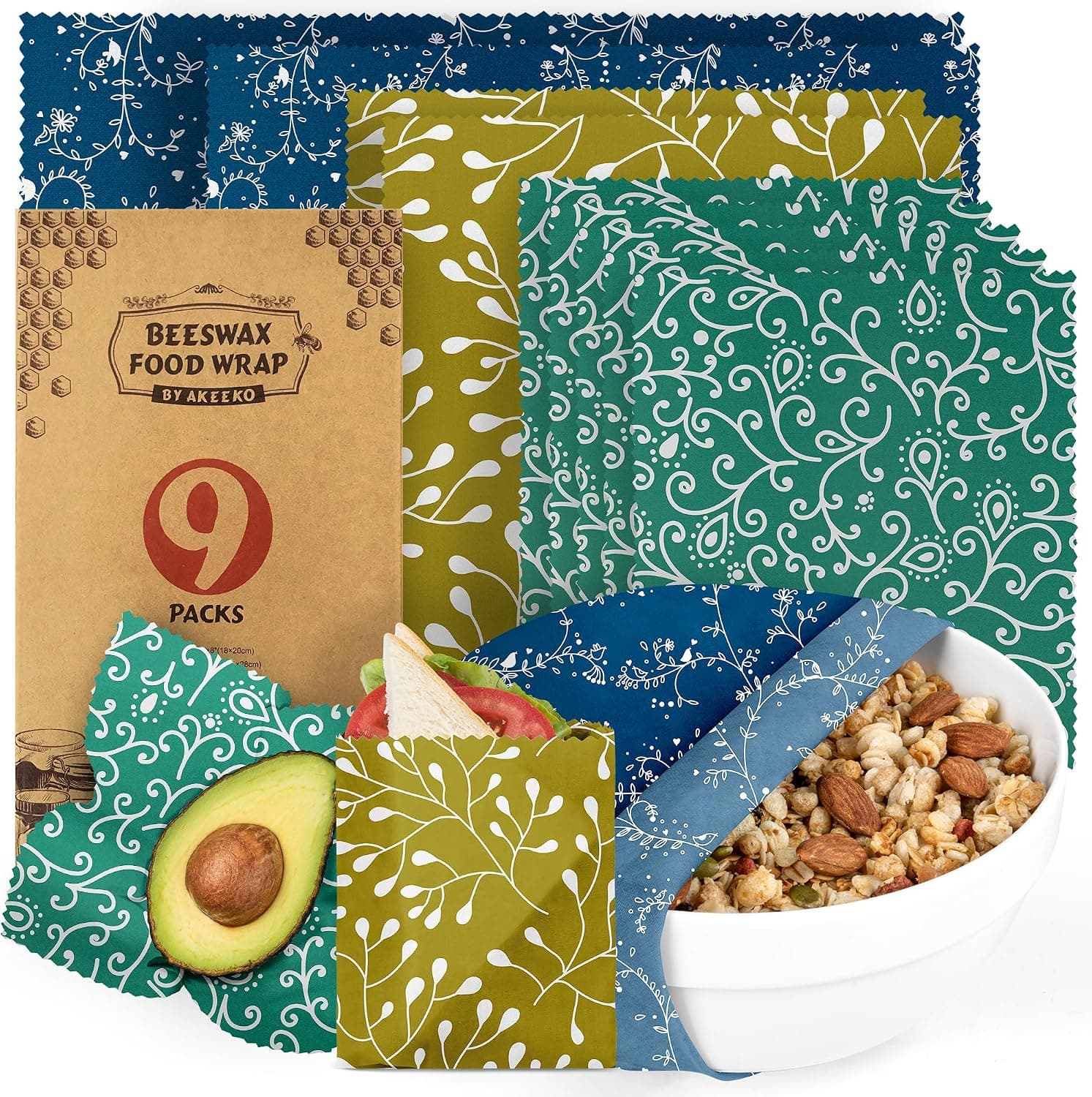 Akeeko Reusable Beeswax Food Wraps - Assorted 9 Pack (Abstract Curves Pattern)