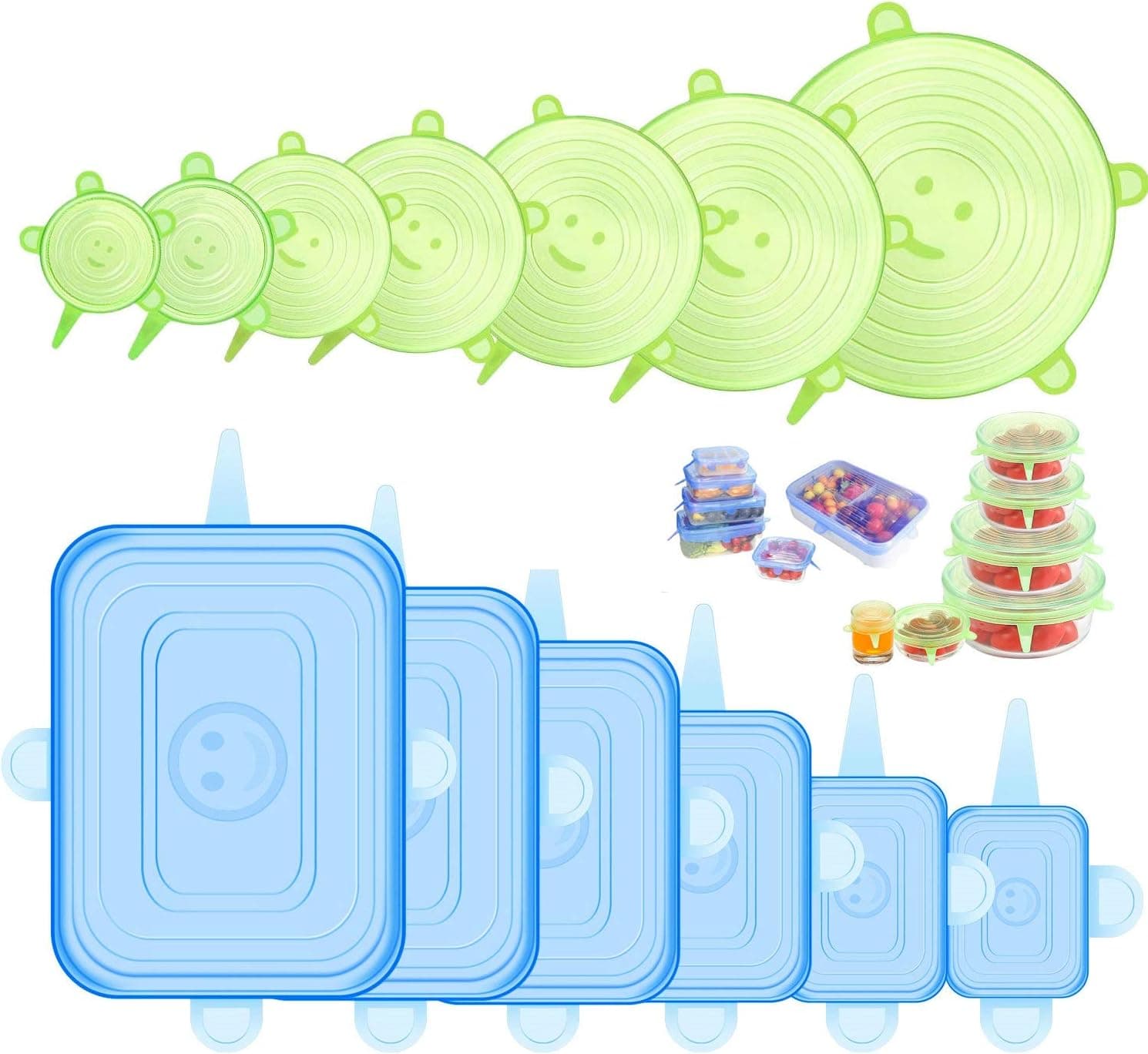 ONEGOL Silicone Stretch Lids, 12 Pack, Reusable Food Grade Bowl Covers, 6 Sizes Round and Rectangle
