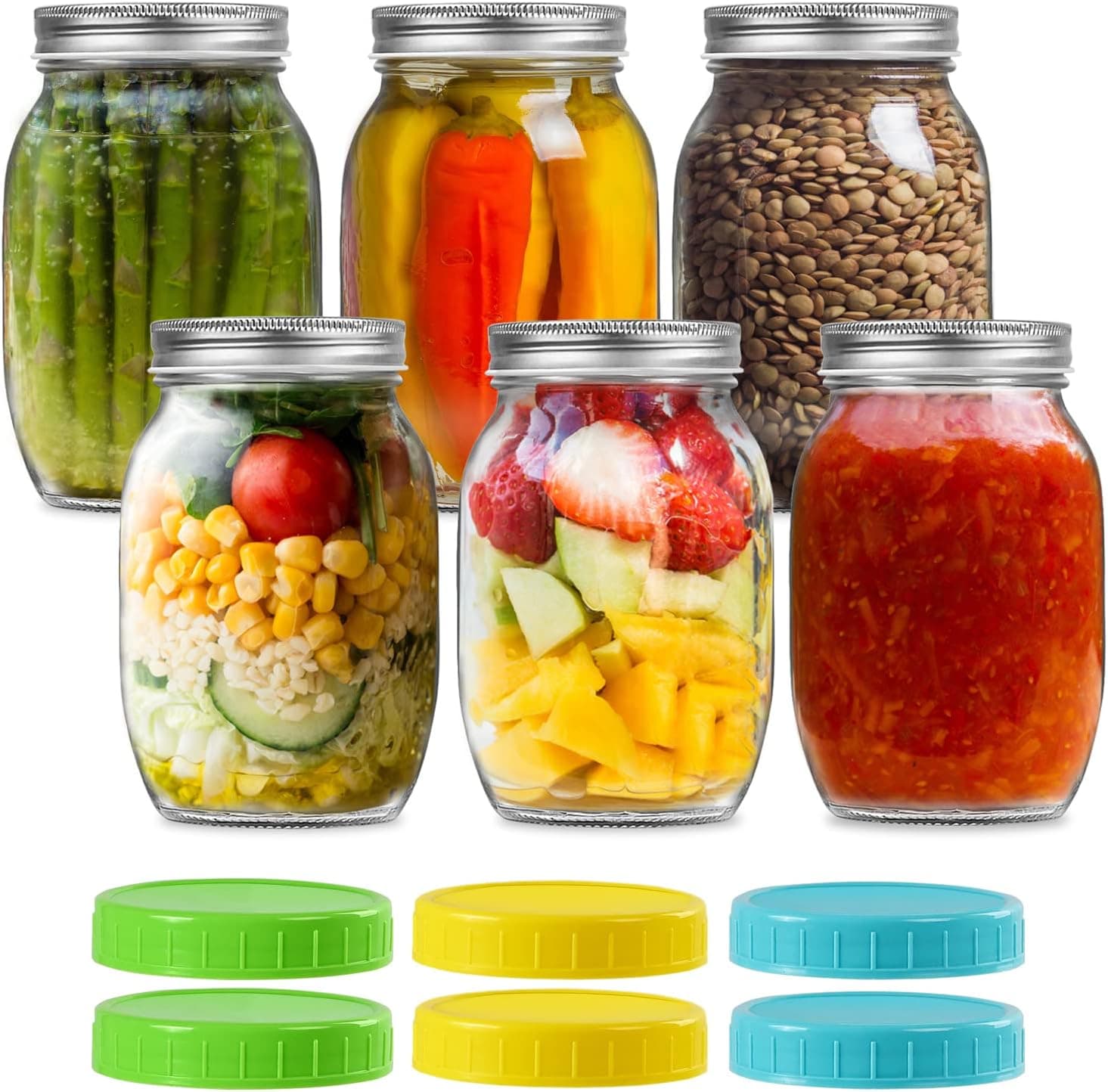 Foukus 32 oz Wide Mouth Mason Jars with Metal & Plastic Lids, 6 Pack