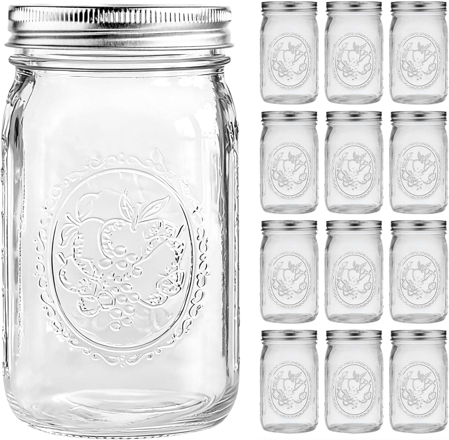 eleganttime Wide Mouth Mason Jars 32 oz with Lids and Bands, Set of 12
