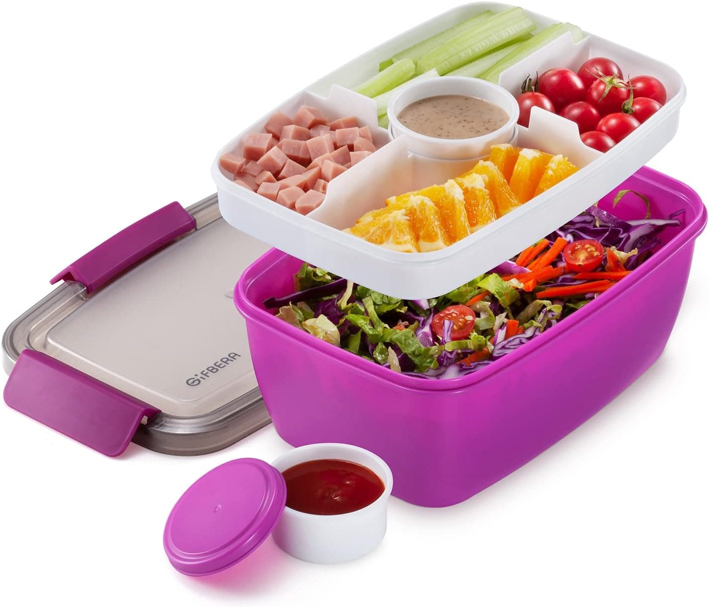 GiFBERA Large Salad Container 68oz, 5 Compartments (Purple)