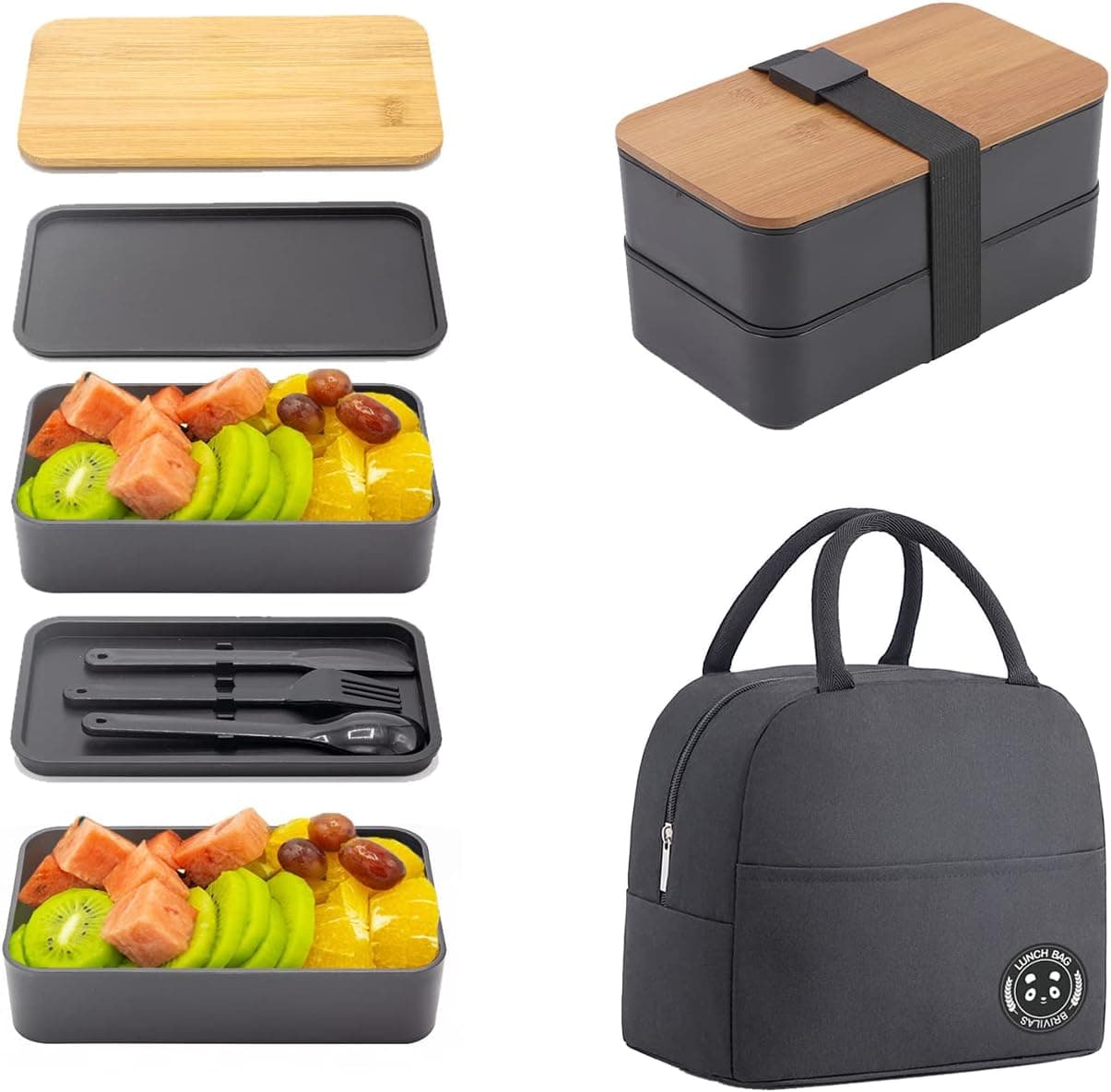 Bento Box Adult Lunch Box with Bag, Japanese Stackable (Black)