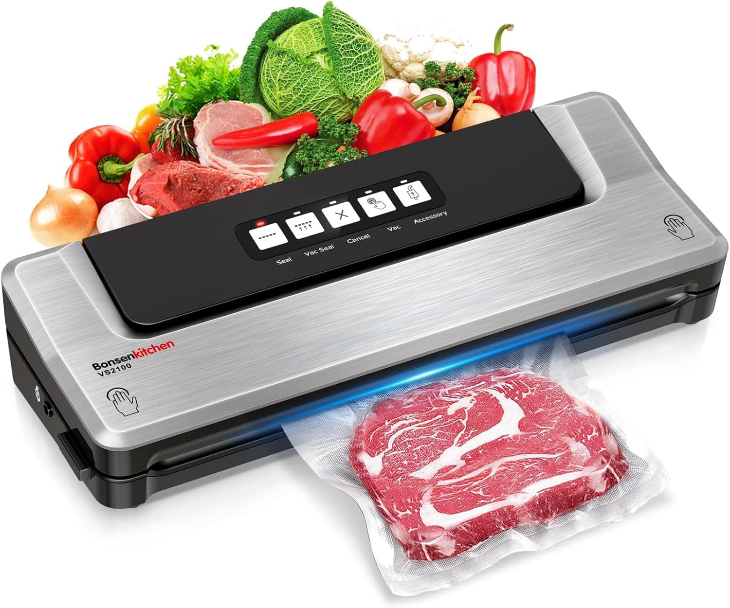 Bonsenkitchen Vacuum Sealing Machine - Compact for Sous Vide & Preventing Freezer Burns, Silver