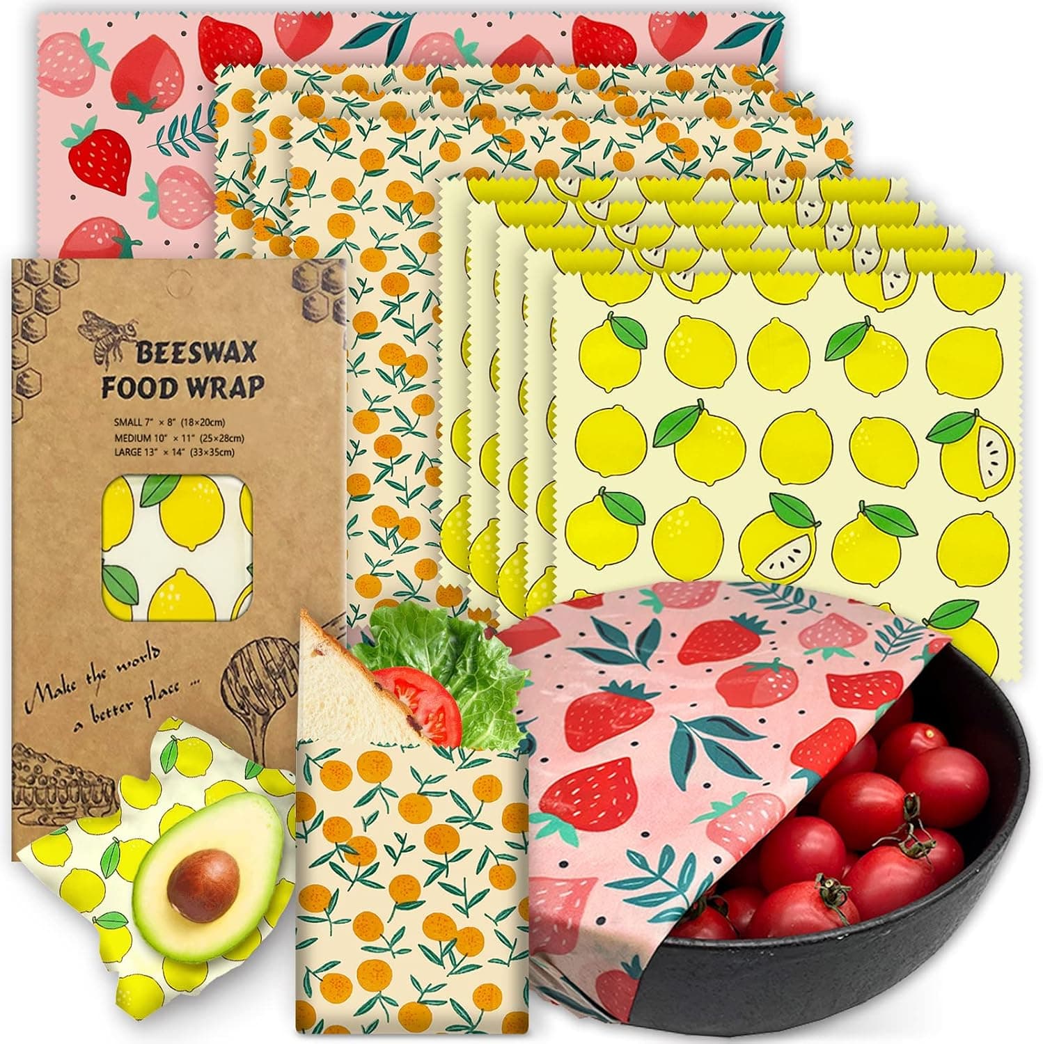 Reusable Beeswax Wrap - 9 Pack Eco-Friendly (Strawberry, Orange, Lemon Patterns)