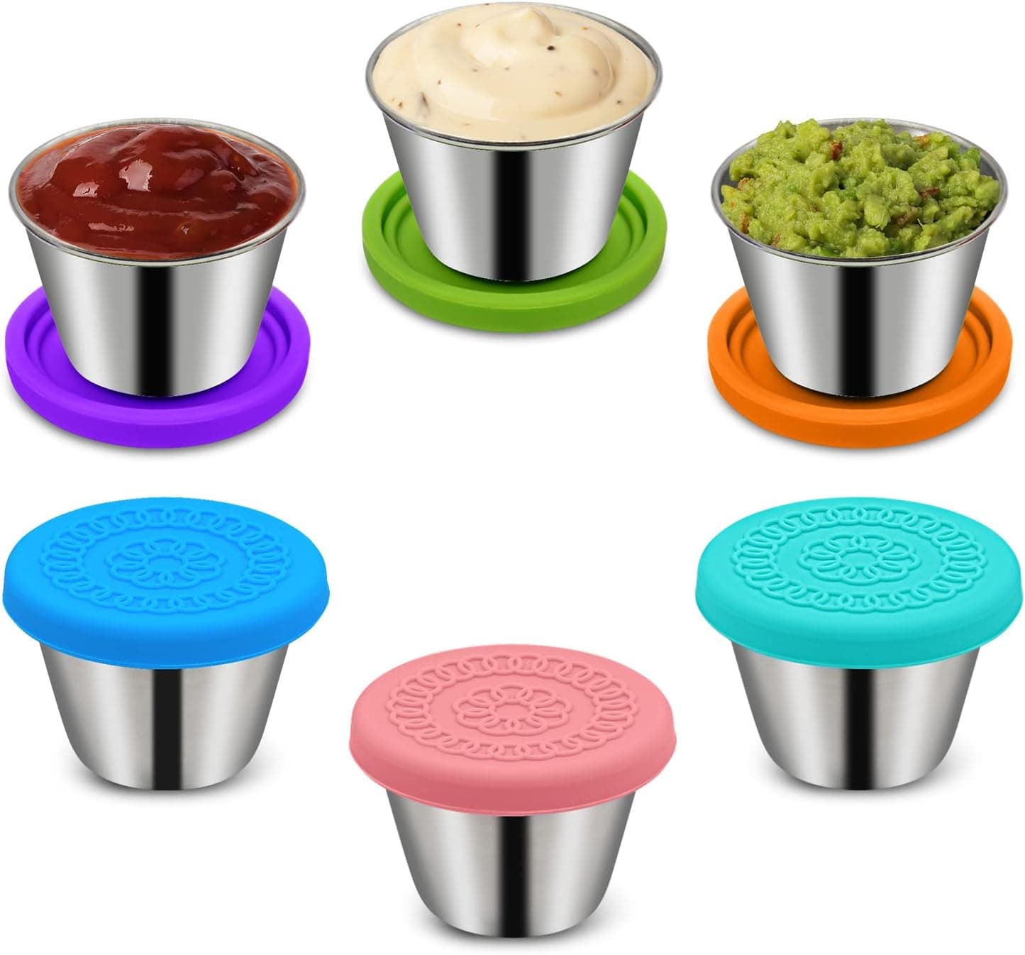 6 Pack 2.4oz Stainless Steel Condiment Containers with Silicone Lids