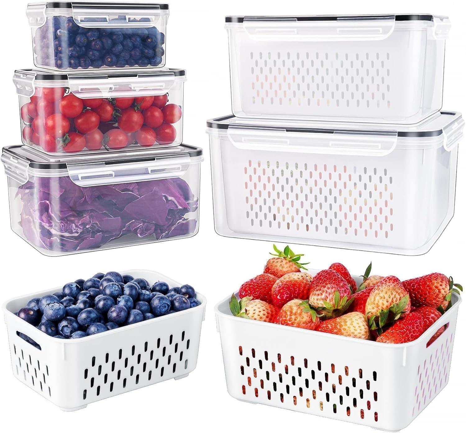 5 PCS Large Fruit Containers for Fridge with Removable Colander