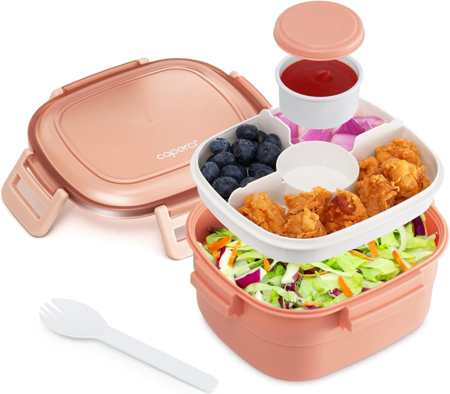 Caperci Superior Salad Container 55oz, 4-Compartment with Spork (Pink)