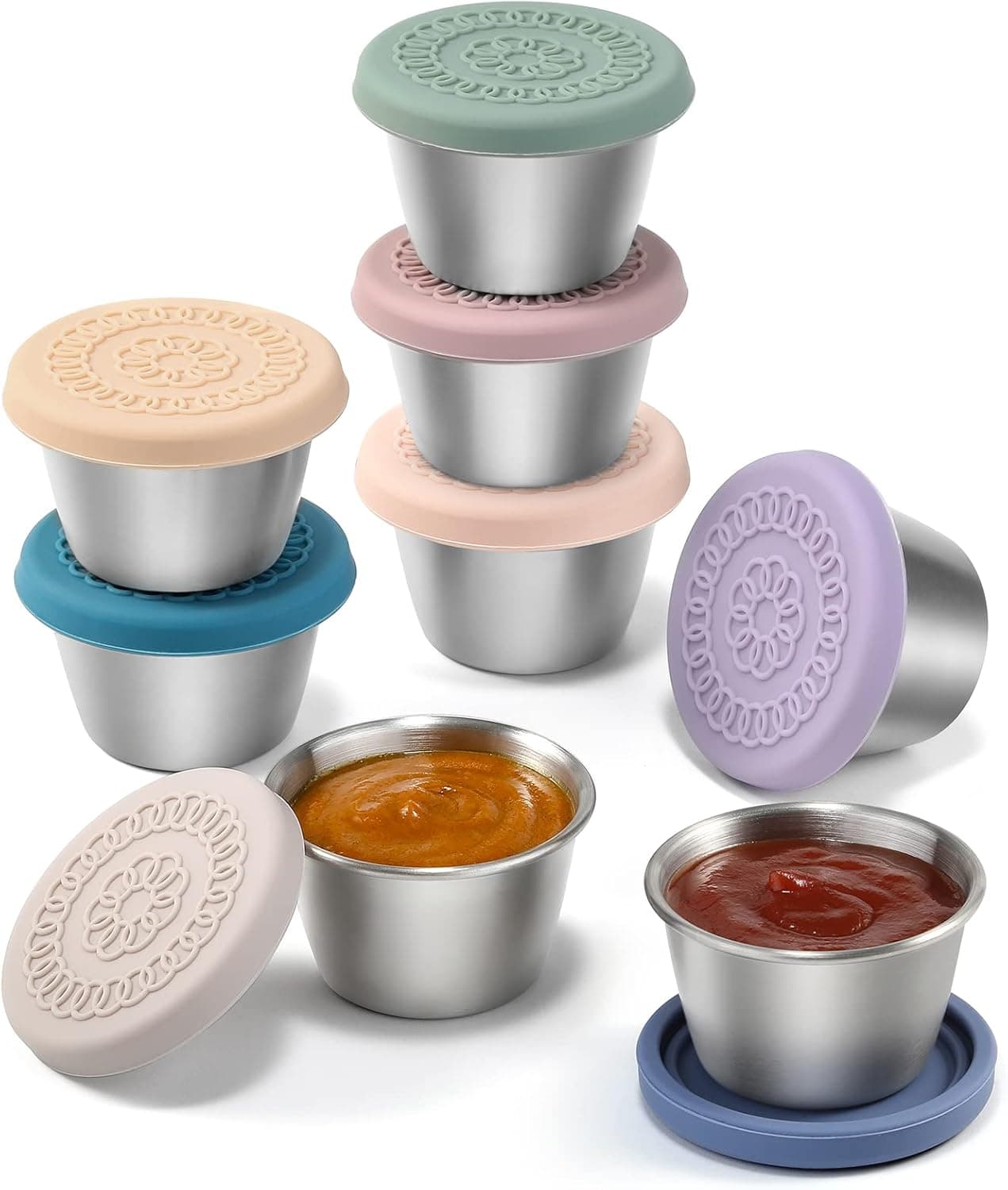 8 Pack 2.4oz Stainless Steel Condiment Containers with Silicone Lids