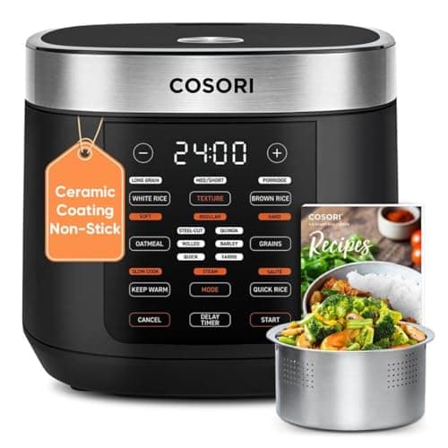 Cosori Rice Cooker 10 Cup, Fuzzy Logic, Ceramic Coating Inner Pot,18-in-1 | Sauté, Slow Cook, 24H Keep Warm & Delay Timer, Stainless Steel Steamer Basket, Non-stick Ceramic Coating, 20cup cooked, Black