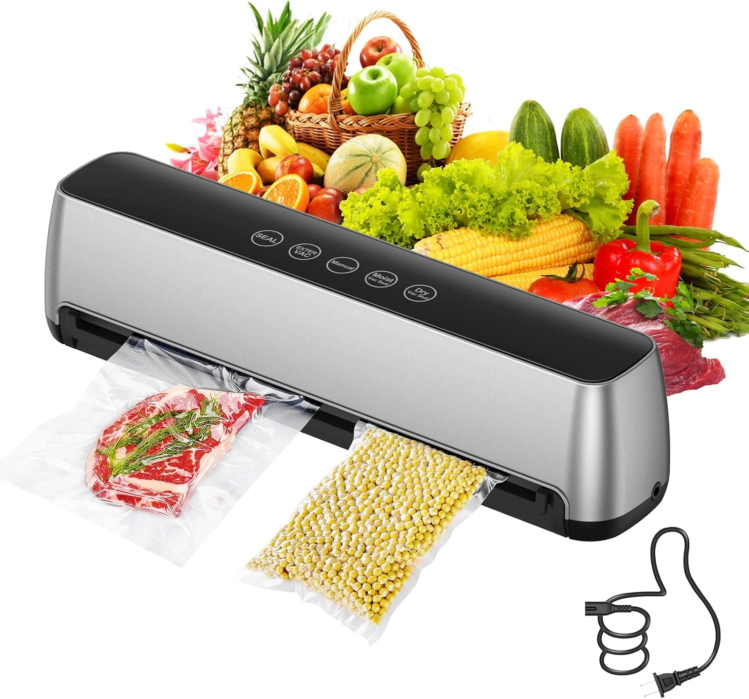 Vacuum Sealer Machine - Automatic Air Sealing, Dry & Wet Modes, Compact with 15pc Bag Starter Kit