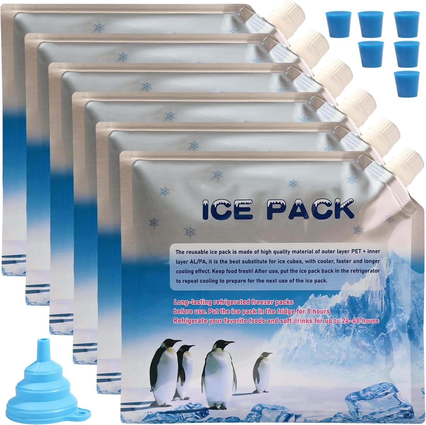 Reusable Ice Packs for Coolers - Long Lasting 24-48 Hour Cold Gel, Blue 6 Piece Set