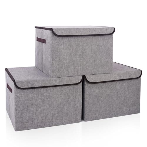 Bagnizer Large 17" 42 Quarts Collapsible Stackable Storage Bins with Lids [3-Pack] Foldable Fabric Linen Storage Boxes Cube, Closet Organizer Baskets with Label for Home (16.7 x 12 x 12, Gray)