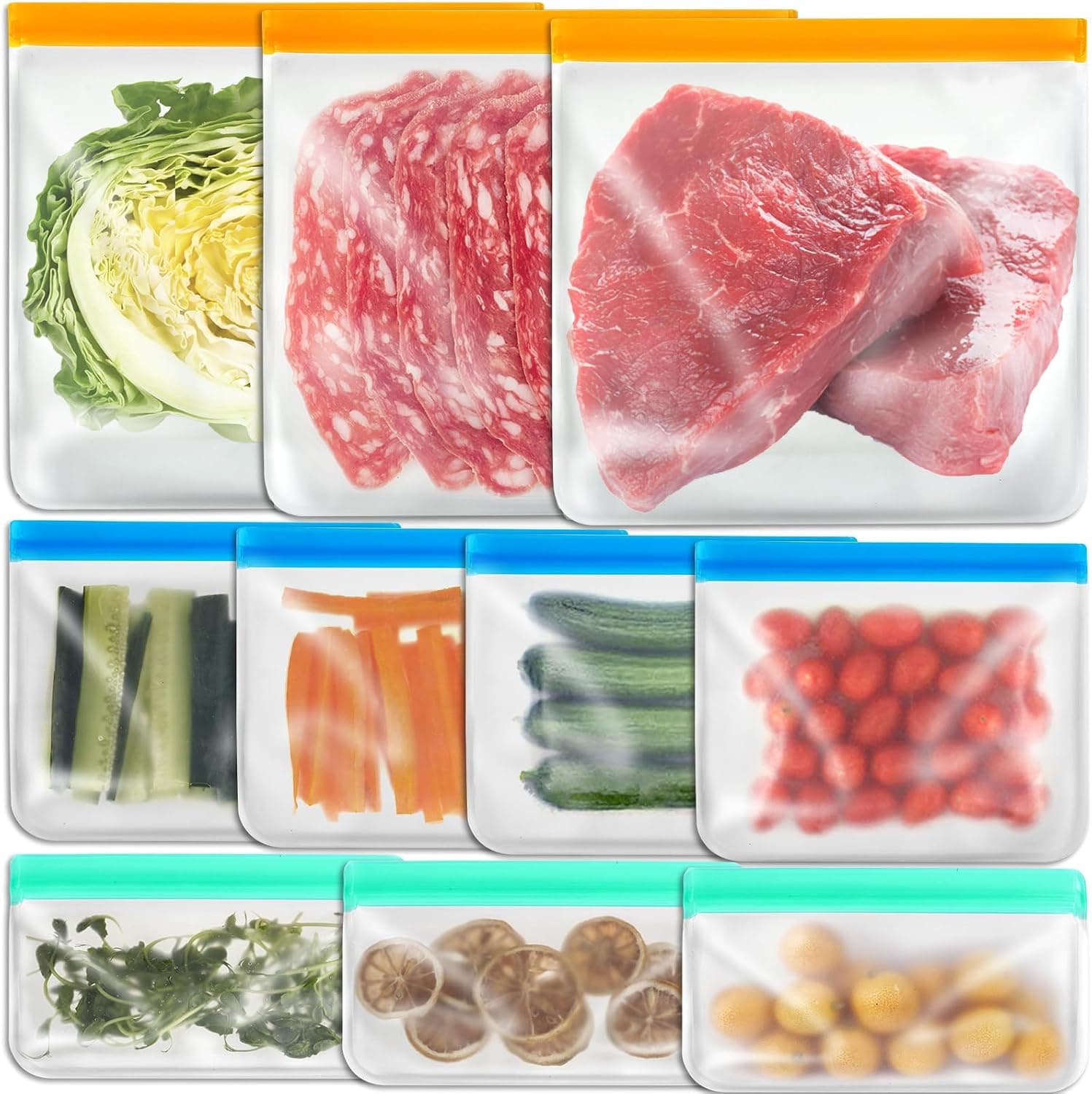 10 Pack Reusable Food Storage Silicone Bags (3 Gallon, 4 Sandwich, 3 Snack)