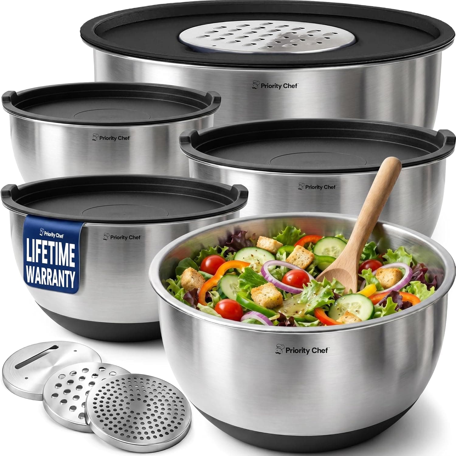 Priority Chef Stainless Steel Mixing Bowls with Lids, 3 Grater Attachments (Black)