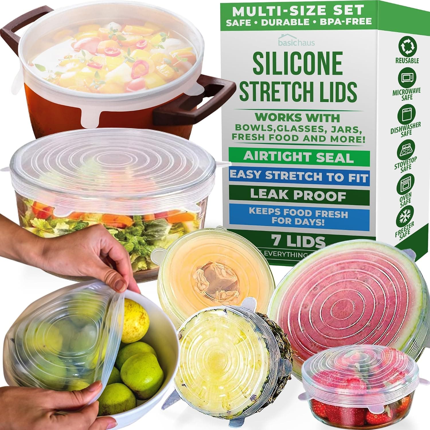 Reusable Silicone Stretch Lids for Food Storage - Elastic Heat-Resistant Bowl Covers, 7 Pack