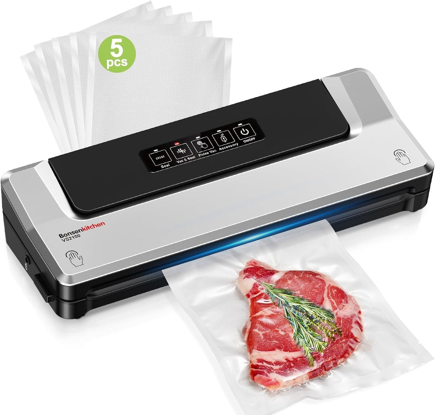 Bonsenkitchen Vacuum Sealer Machine - Fast-Compact Multi-Functional with 5 Bags & Hose, Silver