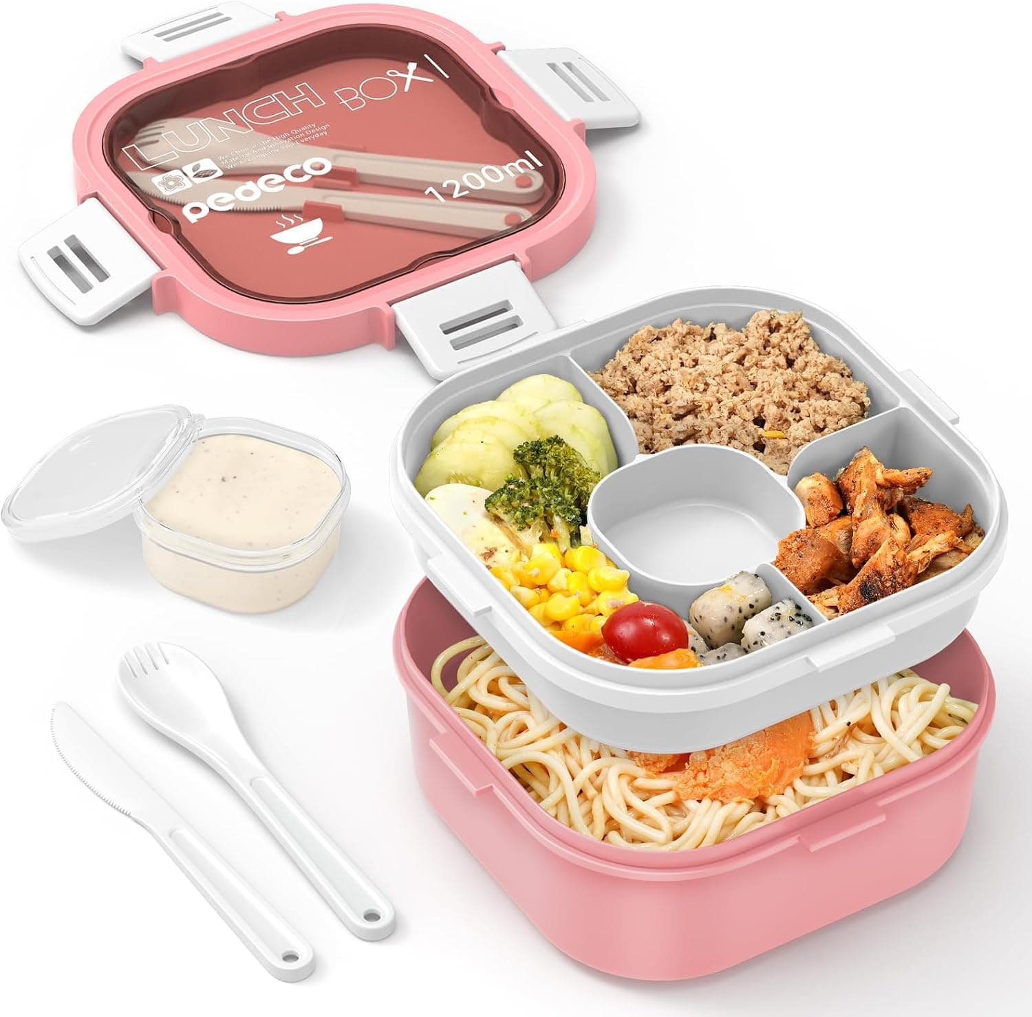 PEDECO All-in-One Salad Container with Bento Tray & Fork (Pink)