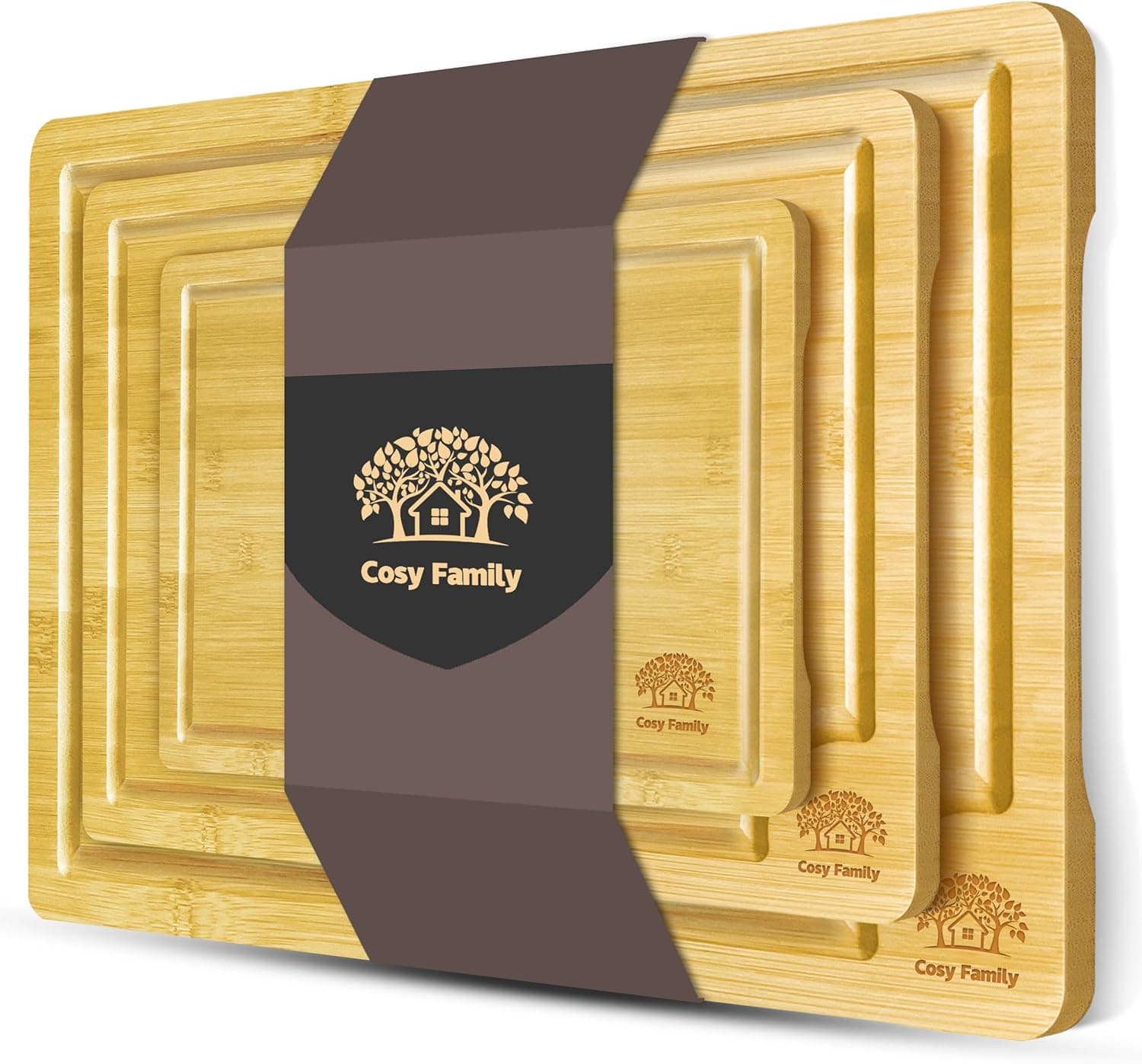 Cosy Family Bamboo Cutting Boards for Kitchen, Set of 3 with Juice Groove
