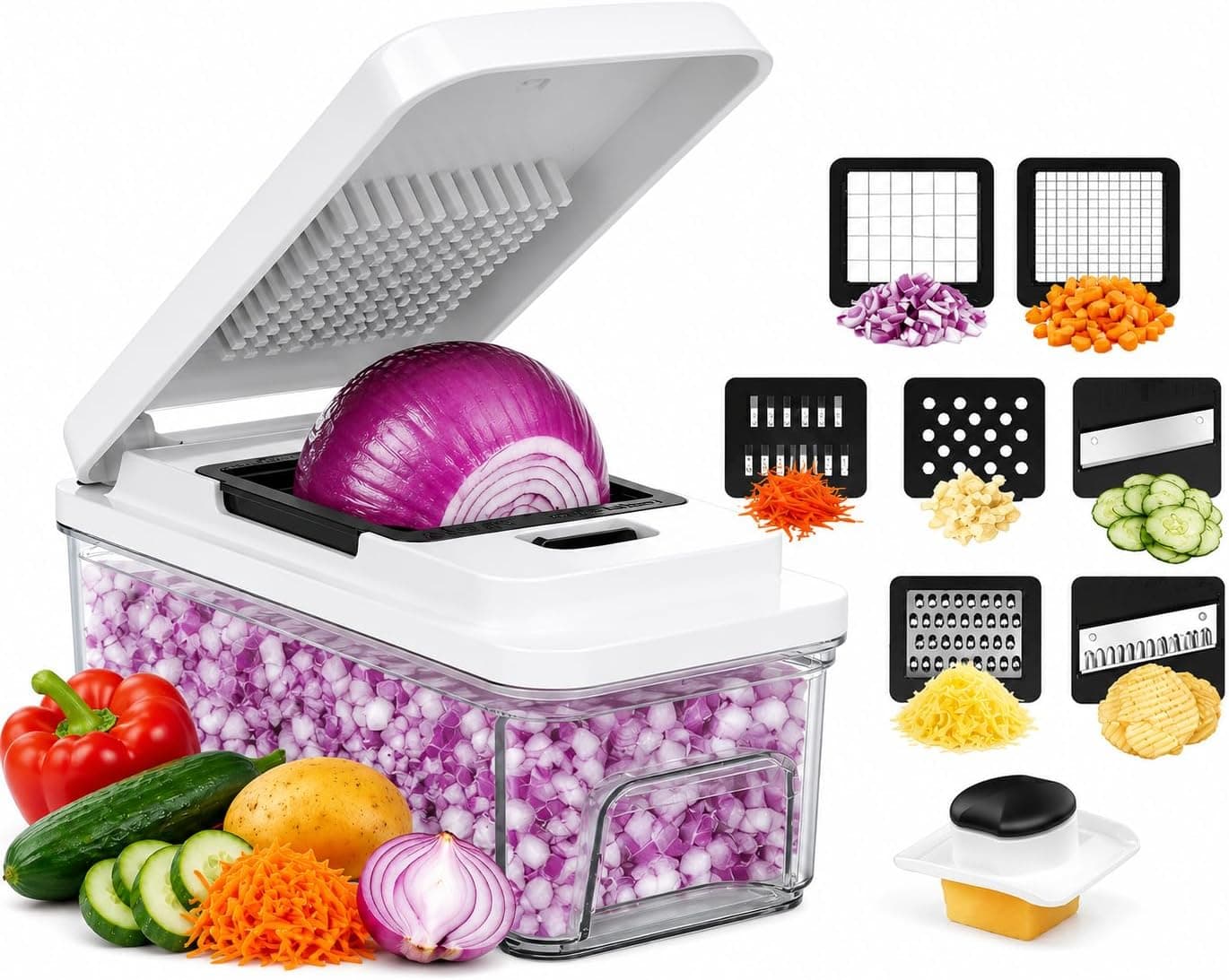 Food Chopper with Container, 7 Stainless Steel Blades Onion Dicer
