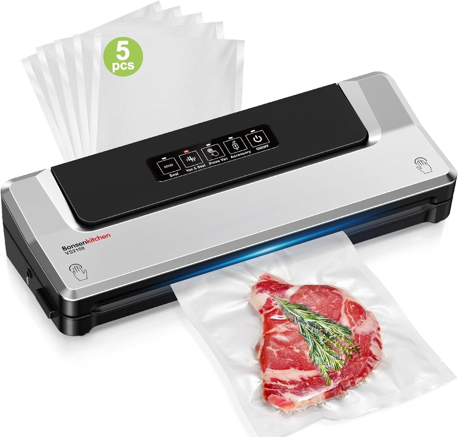 Bonsenkitchen Vacuum Sealer Machine - Compact Food Sealer External Vacuum System, 5 Bags, Silver