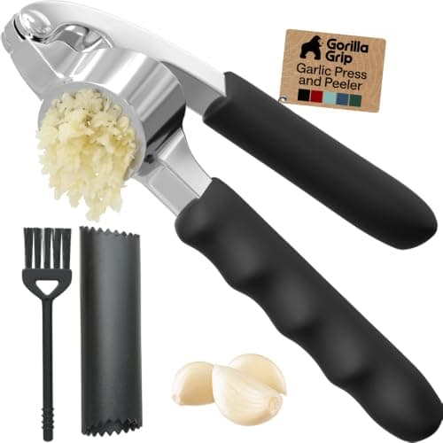 GORILLA GRIP Garlic Peeler and Press Set, Heavy Duty Mincer, Black | Large Chamber for Cloves, Soft Comfortable Handle, Easily Mince and Crush Garlics, Nuts, Seeds, Ginger, Home Kitchen Gadgets