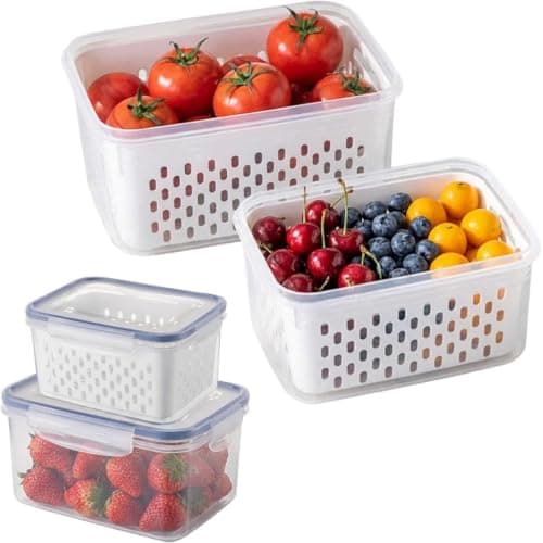 Trasylph 2 Pack Fruit Storage Containers for Fridge with Removable Colanders, Dishwasher & Microwave safe Produce Storage Containers with Lids Keep Fruits, Vegetables, Berry, Meat Fresh longer