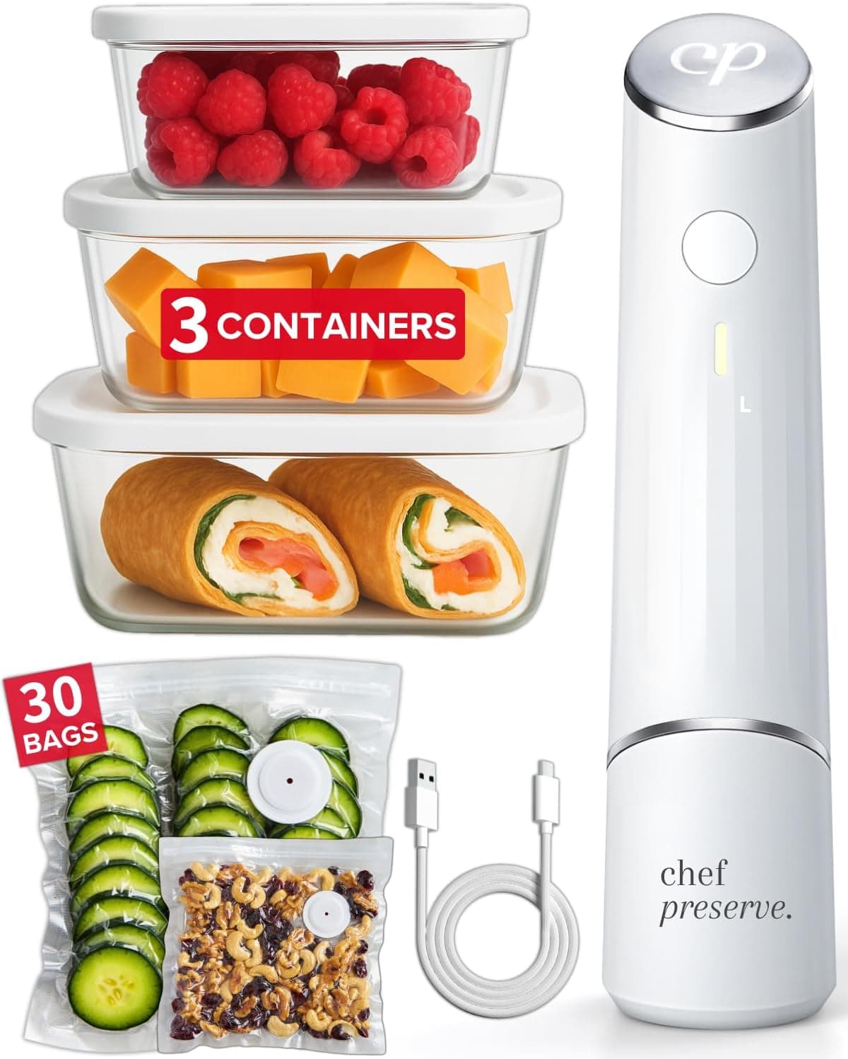Chef Preserve Compact Vacuum Sealer + 3 Glass Containers + 30 Reusable Bags - Handheld Food Sealer