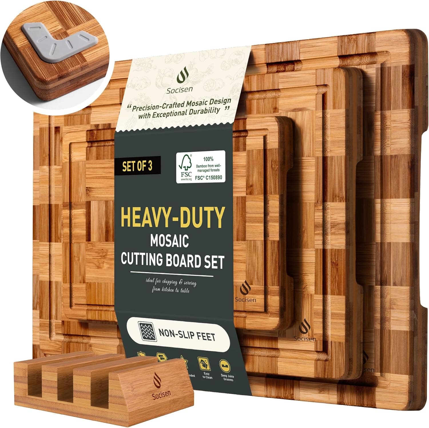 3 Pack Heavy Duty Bamboo Cutting Board Set, End Grain with Juice Groove