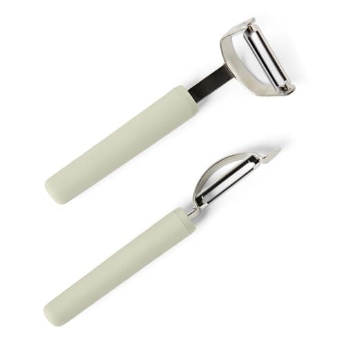 Amazon Basics Vegetable and Potato Peelers with Ultra-Sharp Stainless Steel Swivel Blades, Non-Slip Soft-Touch Handle, Protective Covers, 2-Piece Set, Dishwasher-Safe, Linen Gray
